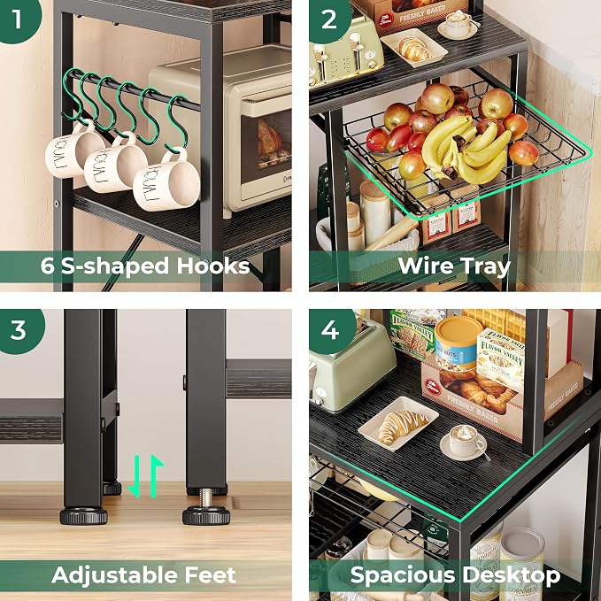 SUPERJARE Bakers Rack with Power Outlet, 47.2 Inches Coffee Bar with Basket | Kitchen Microwave Stand with 3 Level-Adjustable Open Shelves, with 7 S-Shaped Hooks, Black