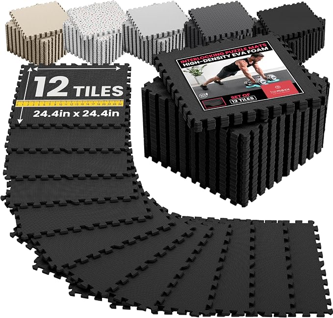 bemaxx Gym Mats Set - 12 pcs EVA Interlocking Foam Floor Tiles (24.4"x24.4"x0.4") 48 sqft Protective Gym Flooring Sports Home Workout Exercise Mats Puzzle Garage Fitness Play-Room Pool Treadmill Bike