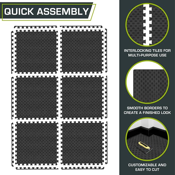 ProsourceFit Exercise Puzzle Mat ½-inch, Checkered EVA Foam Floor Tiles w/Non-Slip Texture, Interlocking Design for Adjustable Gym Surfaces, Shock Absorbing, Black, 24 Sq Ft - 6 Tiles