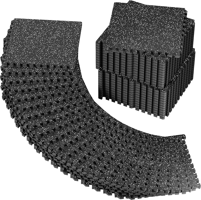 PRAISUN 0.56" Rubber Top Gym Flooring, Heavy Duty Interlocking Gym Mats for Home Gym, Non-Slip Workout Mat, 24 x 24in Large Gym Floor Mat, Protect Floors from Equipment, 192 Sq Ft, Black/Grey