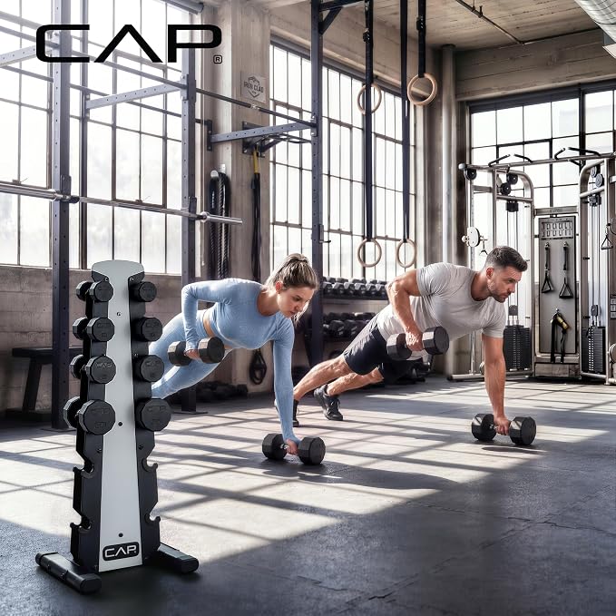 CAP Rubber Coated Hex Dumbbell Set with Storage Rack | 100–210 lb Options, Space-Saving Vertical Compact Storage for Home Gym Strength Training