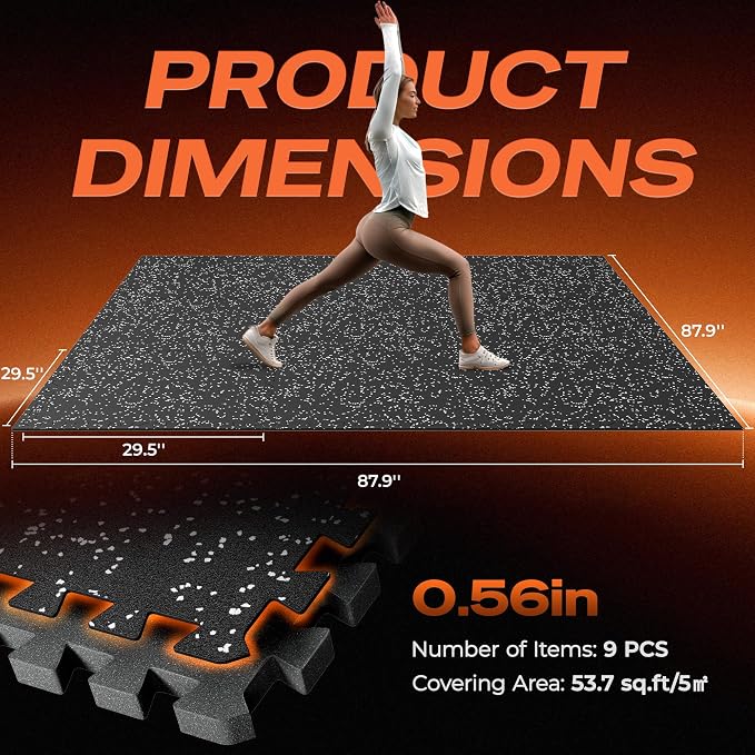 SUPERJARE 30" x 30" Larger Rubber Top Exercise Equipment Mats, 0.56" Thick 9PCS 56.3 Sq Ft High-Density EVA Foam Interlocking Gym Flooring, Big Workout Mat for Home Gym, Floor Protection, Black/Grey