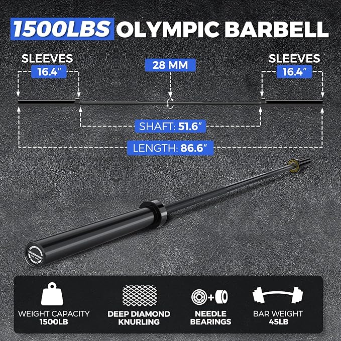 7FT Alloy Steel Olympic Barbell, 1500LB 45LB | 28mm knurled grip bar with needle bearings, chrome finish, 2-inch plate fit, and 1500LB capacity for heavy lifts