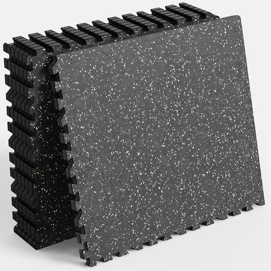 24 Sq Ft Rubber Top Gym Flooring for Home Gym, Black/White | 6 Tiles, High Density EVA Foam, Waterproof & Non-Slip Rubber, 0.4" Interlocking Puzzle Mats, Floor Protection, 24"x24"
