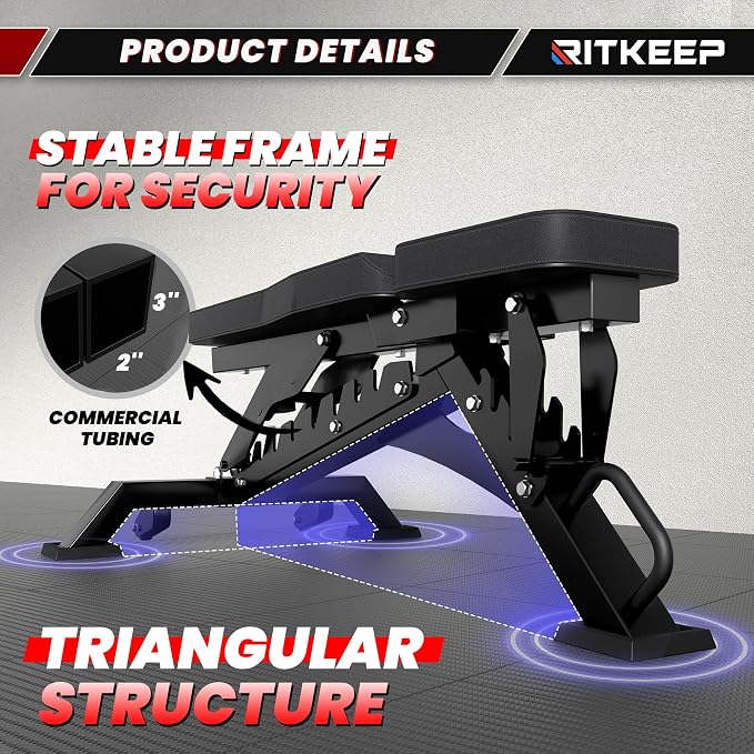 RitKeep Adjustable Weight Bench, 1300LB Capacity for Garage & Home Gym | Weightlifting Workout Bench with 40 Adjustment Positions for Incline, Decline, Bench Press and Full-Body Training -RAB-3000