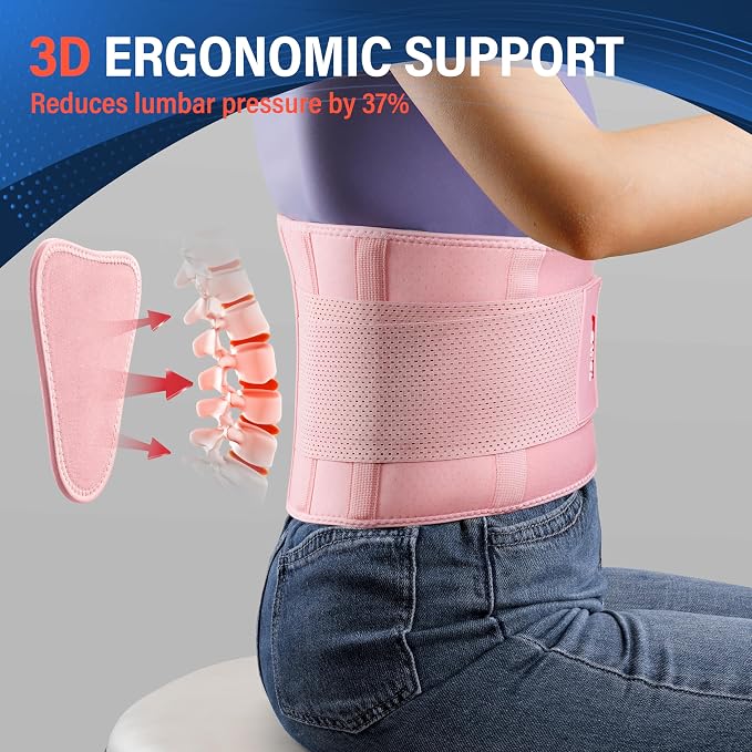 FEATOL Back Brace for Lower Back Pain, Breathable Back Support Belt for Women & Men with Lumbar Pad, Lumbar Support Belt for Heavy Lifting & Work, Pink, 3XL (Circumference:54-63")
