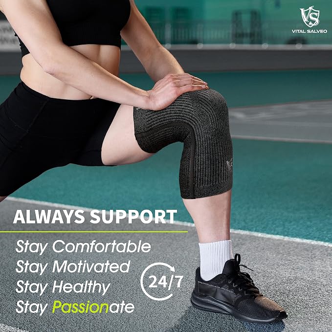 Vital Salveo Knee Compression Sleeve Swelling Recovery Knee Brace S-Support Pain Relief for Men and Women Unisex for Running Basketball Gym Workout Sports Dark Grey (1PC) S