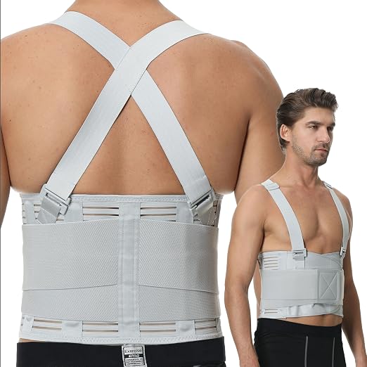 NeoTech Care Back Brace with Suspenders for Work - Industrial Lifting Safety, Elastic Compression, Hook & Loop Closure (Gray, Size S)