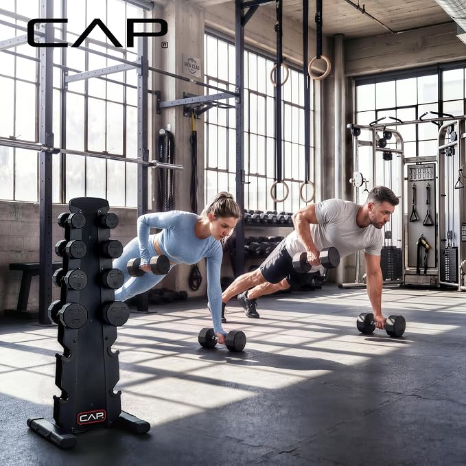 CAP Rubber Coated Hex Dumbbell Set with Storage Rack | 100–210 lb Options, Space-Saving Vertical Compact Storage for Home Gym Strength Training