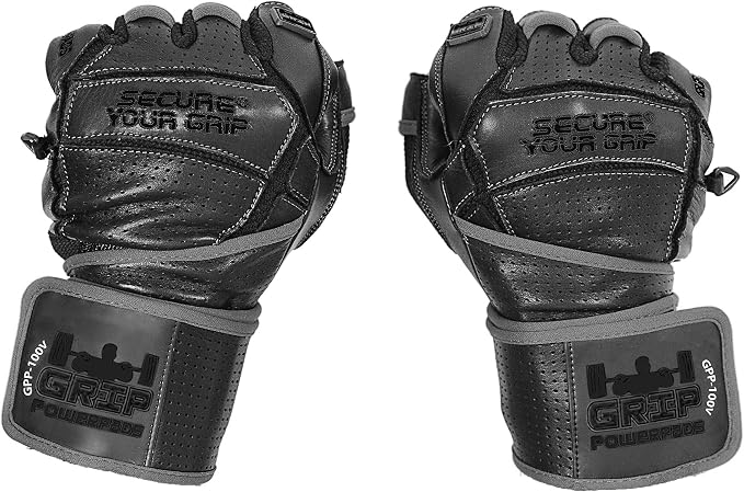 Elite Leather Gym Gloves with Built in 2" Wide Wrist Wraps Grip & Design for Weightlifting Power Lifting Bodybuilding & Strength Training Workout Exercises