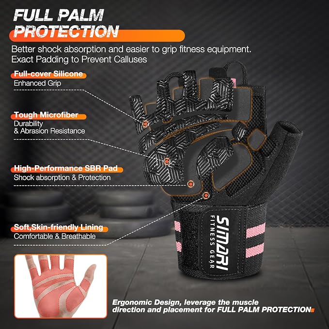 SIMARI Workout Gym Gloves for Men Women, Weight Lifting Gloves with Wrist Wrap Support, SBR Pad Grip for Full Palm Protection, for Exercise, Fitness, Dumbbells, Barbell, Climbing, Fingerless