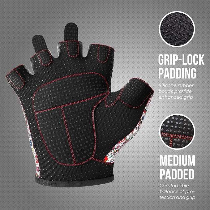 Contraband Pink Label 5237 Womens Designer Workout Gloves | Sugar Skull Print w/Grip-Lock™ Padding (White, Medium)