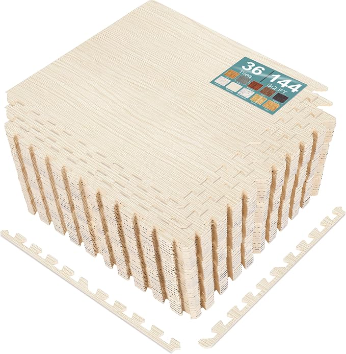 Sorbus Wood Grain Floor Tiles Foam Mat EVA Interlocking Mats Tile 3/8-Inch Thick Flooring Wood Puzzle Exercise Mats w/Borders - Home Playroom Basement, Apartment, Trade Show, Baby, Dance