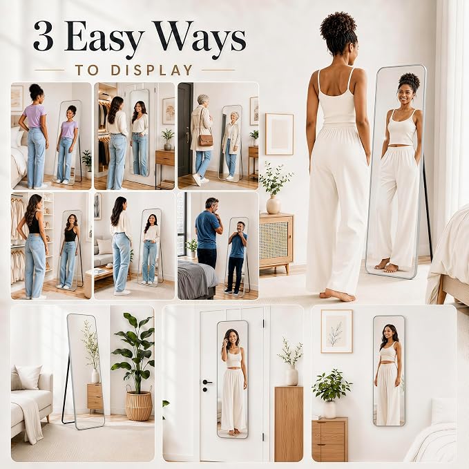 SCWF-GZ 57x20 Full Length Mirror Over The Door Hanging, Floor Stand/Wall Mounted Aluminum Alloy Frame Dressing Mirror for Bedroom Living Room 57 inch Silver