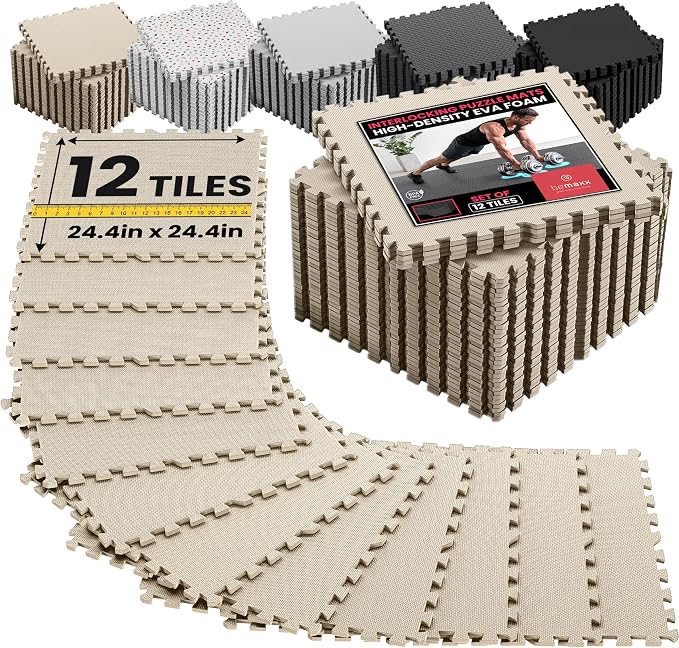 bemaxx Gym Mats Set - 12 pcs EVA Interlocking Foam Floor Tiles (24.4"x24.4"x0.4") 48 sqft Protective Gym Flooring Sports Home Workout Exercise Mats Puzzle Garage Fitness Play-Room Pool Treadmill Bike