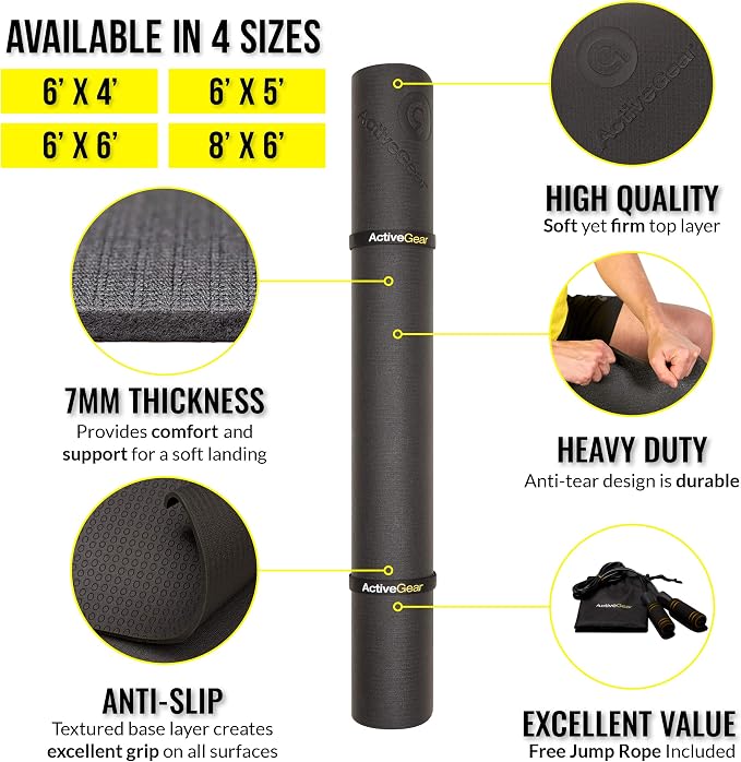 ActiveGear Large Exercise Mat, 6'x4' Non-Slip Rubber Home Gym - Black | 7mm non-slip rubber cushions joints on carpet, tile or concrete. Shoe-friendly. Non-toxic, durable materials.