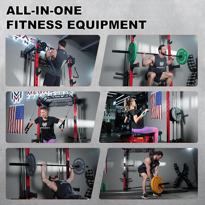 Power Cage, Squat Rack Home Gym, 2000LBs Capacity Wall Mounted Power Rack with Dual Crossover System, Includes 16 attachments for Home Gym