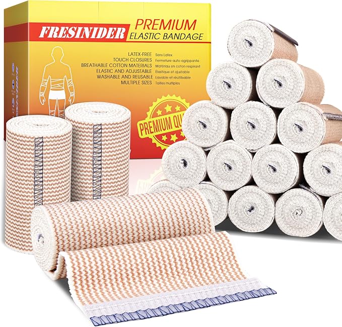 FRESINIDER Premium Elastic Bandage Wrap 4 Inch, 18 Pack, Hook and Loop | All-Purpose 4-Inch Cotton Compression Wrap for Knee, Calf and Elbow; Bulk Box for Clinics, Teams and First-Aid Stations.