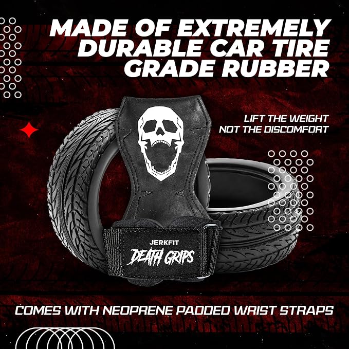 JerkFit Death Grips Premium Lifting Straps - Car Tire Grade Rubber PVC Wrist Straps for Shrugs, Pull Ups & Deadlifts with Neoprene Padded Support