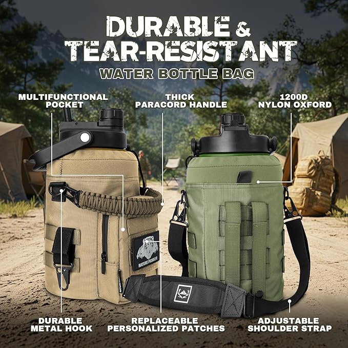 NATURE PIONEOR 128oz/1 Gallon Tactical Water Bottle with MOLLE Bottle Pouch | 18/8 Food-grade Stainless Steel, Double Vacuum Insulation, Wide-Mouth, Straw & Spout Lid, Strap, Camping, Hiking, Gym, Work