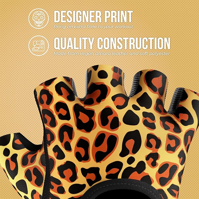 Contraband Pink Label 5297 Womens Design Series Leopard Print Lifting & Rowing Gloves (Pair) - Lightweight Vegan Medium Padded Microfiber Amara Leather w/Griplock Silicone