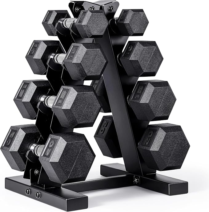 CAP Rubber Coated Hex Dumbbell Set with Storage Rack | 100–210 lb Options, Space-Saving Vertical Compact Storage for Home Gym Strength Training