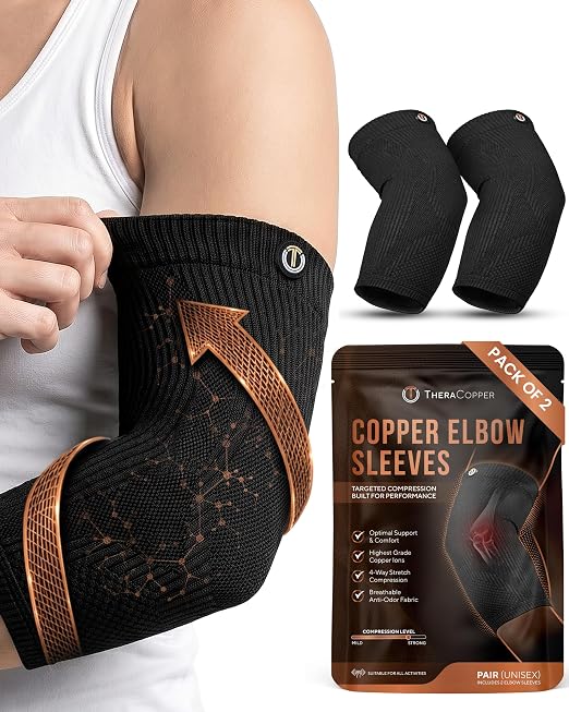 TheraCopper Copper Elbow Compression Sleeve for Men & Women (Pair) – Infused Copper Elbow Brace for Tennis Elbow, Tendonitis, Arthritis & Bursitis – Elbow Support for Golf, Workouts & Recovery (Medium)