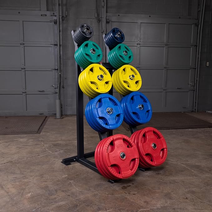 Body-Solid (GWT76) High Capacity Olympic Plate Rack - Modular Bumper & Traditional Weight Storage, Durable Steel Weight Horns, Space-Saving Wall Rest Design