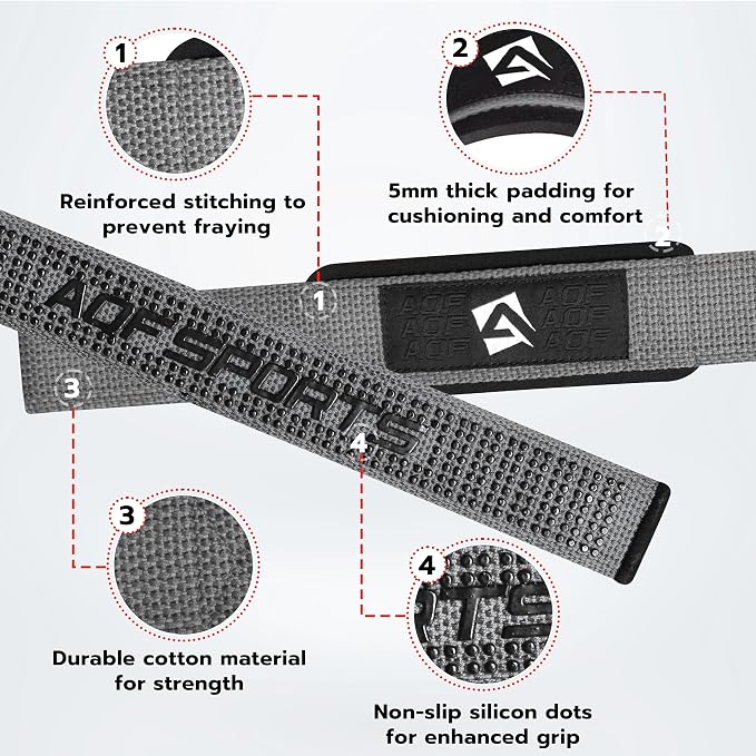 AQF Weight Lifting Straps, Padded Cotton Gym Wrist Straps for Deadlifts | 23" Extra-Long, Heavy-Duty Webbing, 5mm Neoprene Cushioning, Open-Loop Design, Sold as Pair, Ideal for Rows & Pull Workout
