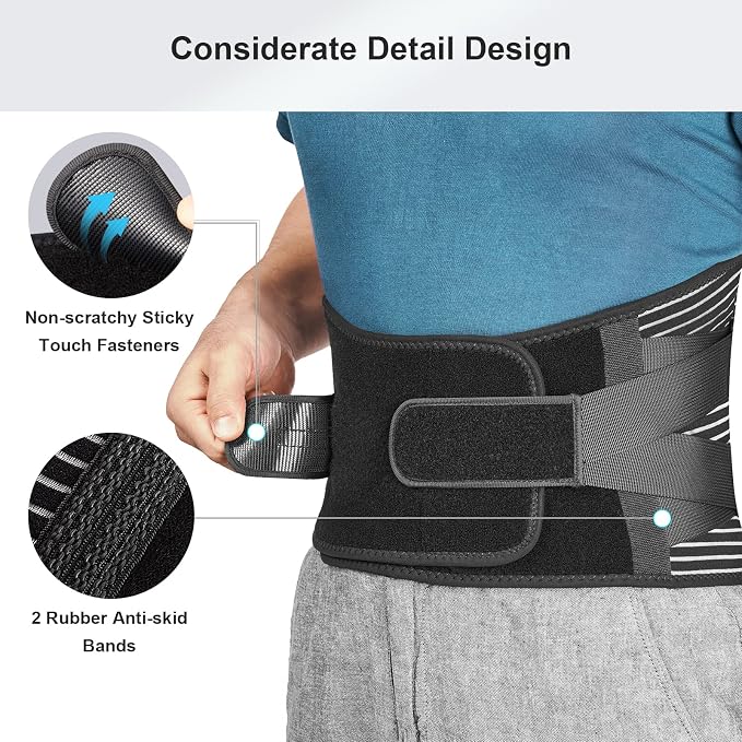 FREETOO Back Braces for Lower Back Pain Relief with 6 Stays, Breathable Back Support Belt for Men/Women for work , Anti-skid lumbar support belt with 16-hole Mesh for sciatica(M)