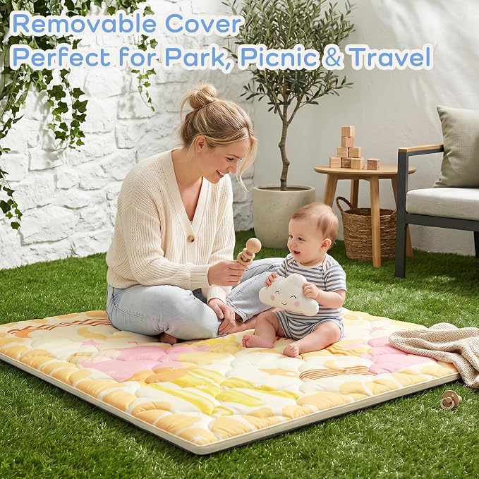 1.6" Thick Baby Play Mat, 50x50 Removable & Machine Washable Cover | Padded Memory Foam, Non-Slip Backing, 100% Baby-Safe Materials, Tummy Time Crawling, Outdoor, Bedroom, Living Room, Nursery
