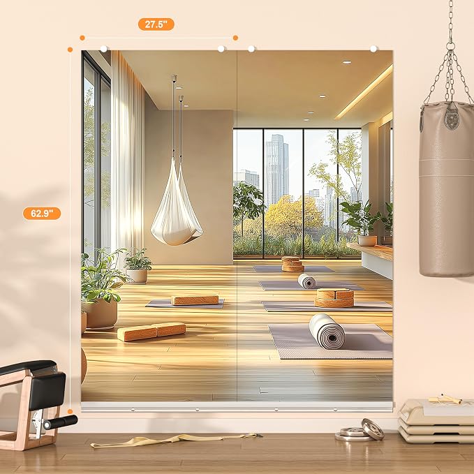 Hasipu Home Gym Mirror, 63"x28" Each, 2-Pack Frameless Wall Mounted Mirrors with Glass Clamps & 1 Aluminum Rail, Large Body Mirror for Home Gym, Yoga Studio, Bedroom, Silver Tempered Glass