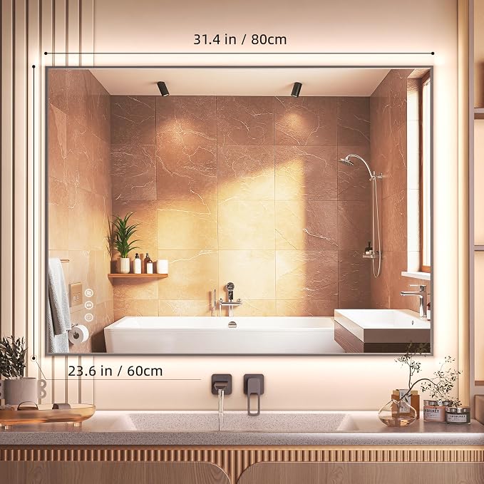 Hasipu 32''x 24'' Bathroom Mirror with Lights, Anti-Fog, Dimmable, Home Gym Mirror Bathroom Mirrors for Over Sink Wall, Memory Function, Tempered Glass, Shatter-Proof, Wall Mounted