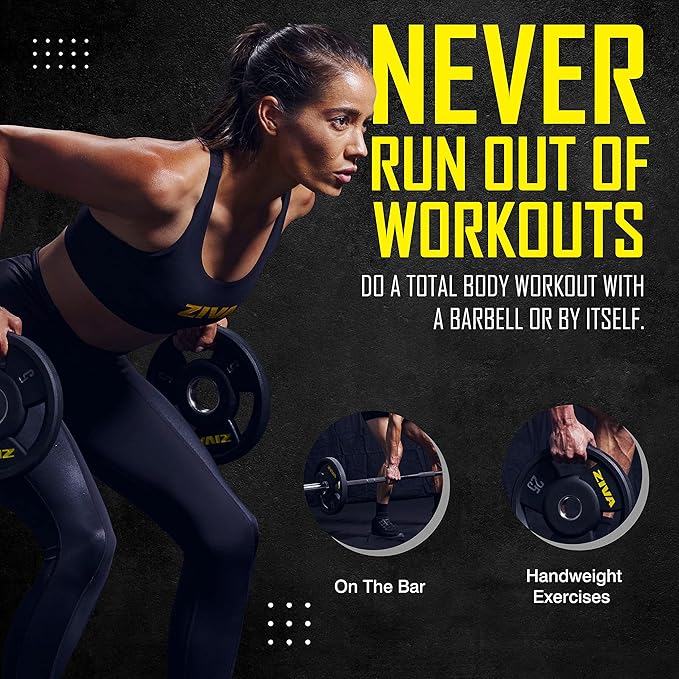 ZIVA Olympic Weight Plate – Premium Urethane-Coated Grip Disc with 2" Stainless Steel Insert and 3-Position Handle – Sold Individually (2.5–45 lb) Does not fit Standard Studio Barbell