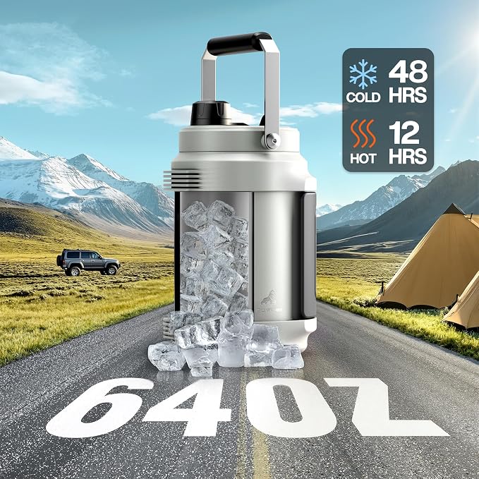 POWCAN 64 oz Insulated Water Bottle, 2-in-1 Straw Spout Lid, Dual Handle, Leakproof, Keep Cold 48H, Half Gallon Stainless Steel Water Jug for Travel, Gym, Work, Trip, Hiking, Workout, Picnic (Frost)