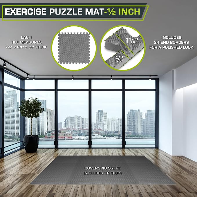 ProsourceFit Exercise Puzzle Mat ½-inch, EVA Interlocking Foam Floor Tiles for Home Gym, Workout Equipment, Kids Play Areas, Grey, 48 SQ FT - 12 Tiles