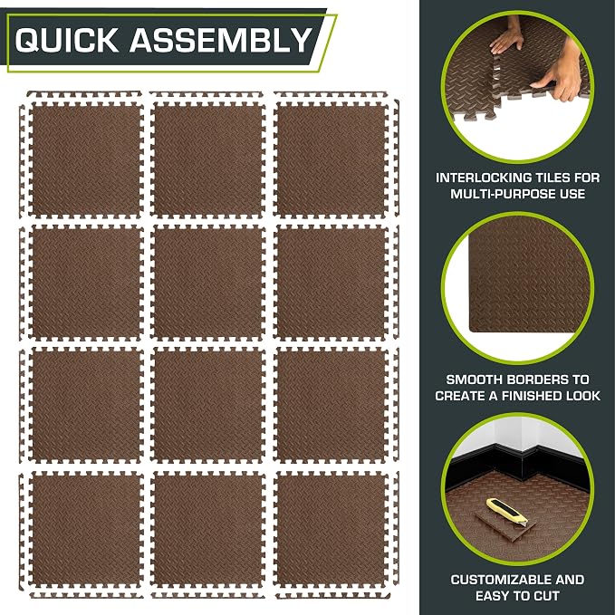 ProsourceFit Exercise Puzzle Mat 1/2-inch, EVA Interlocking Foam Floor Tiles for Home Gym, Workout Equipment, Kids Play Areas, Brown, 48 Sq Ft - 12 Tiles
