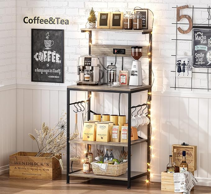 SUPERJARE Kitchen Bakers Rack with Power Outlet, Coffee Bar Table 4 Tiers, Kitchen Microwave Stand with 6 S-shaped Hooks, Kitchen Storage Shelf Rack for Spices, Pots and Pans - Greige