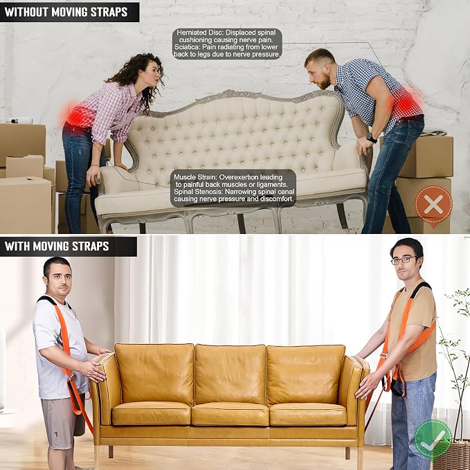 Anti-Slip Moving Straps, 2-Person Shoulder Lifting and Moving System Lifting Straps for Moving Furniture, Appliances, Mattresses, Heavy Objects up to 800lbs