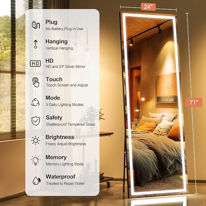 71" x 24" Full Length Mirror with Lights, LED Lighted Floor Standing Body Mirror, Dimmable & 3 Color Lighting for Bedroom, Cloakroom, Dressing Room, Tempered Glass, Black Frame