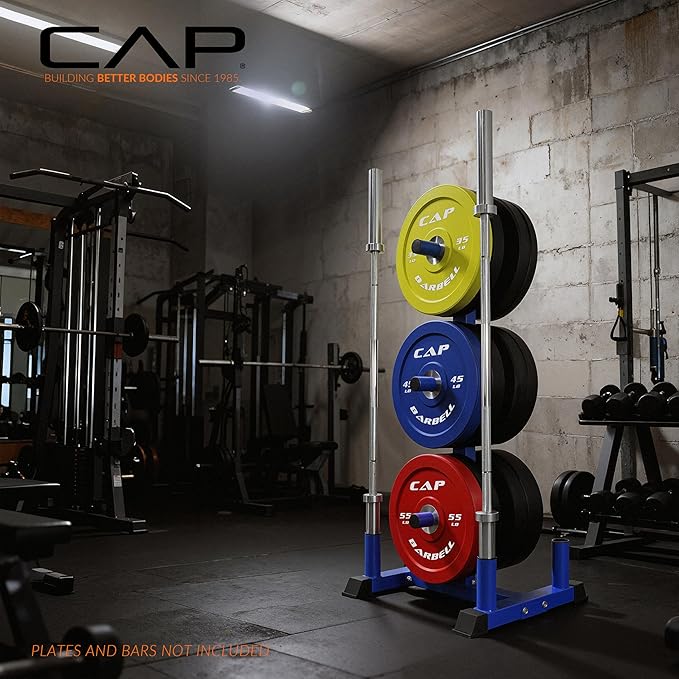 CAP Olympic Bumper Plate Tree Rack with Barbell Holders, Heavy-Duty Weight Plate Storage Rack for Home Gym, Steel Olympic Plate Organizer Stand, Multiple Color & Size Options