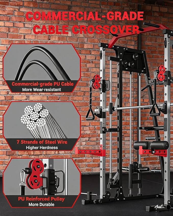 Garvee Smith Machine Home Gym, 2200LBS Power Cage Squat Rack with Smith Bar | With Cable Crossover, LAT Pull-Down & Leg Hold-Down - Multi-Functional Strength Training Equipment for Home, Red