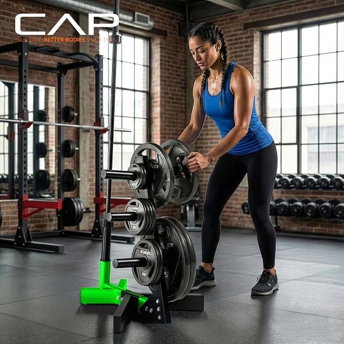 Cap Olympic Plate Tree Storage Rack for Weights & Barbells, Heavy-Duty Steel Weight Plate Organizer for 2-Inch Olympic Plates, Space-Saving Storage Rack, 300lb Capacity, Multiple Colors