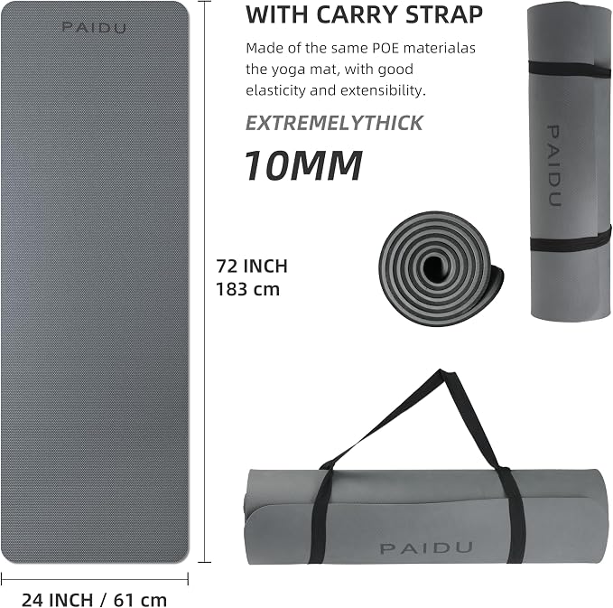 PAIDU POE Yoga Mat （10mm）Extra Thick Fitness Mat 72"x24" with Carry Strap | Non-slip, tear-resistant and suitable for all ages, perfect for yoga, Pilates, home gym and full-body workouts.