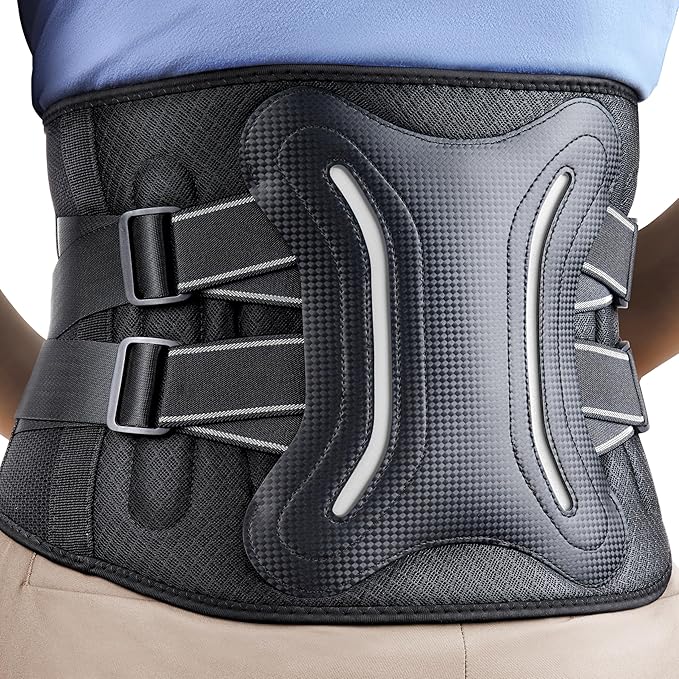 FEATOL Lower Back Brace with 5 Reinforced Stays for Women and Men, Adjustable Snug-Fit Lumbar Support Belt for Work, Size 5XL, Waist 57.5-65 in, Grey