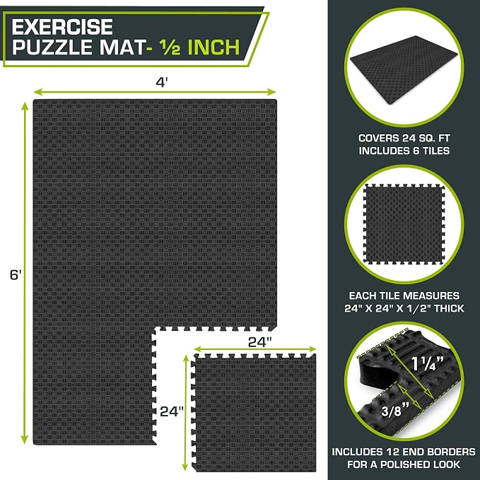 ProsourceFit Exercise Puzzle Mat ½-inch, Checkered EVA Foam Floor Tiles w/Non-Slip Texture, Interlocking Design for Adjustable Gym Surfaces, Shock Absorbing, Black, 24 Sq Ft - 6 Tiles