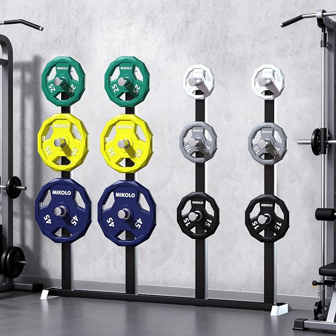 Mikolo Olympic Weights Set 2-Inch Rubber Coated Plates, 12-Sided Non-Roll Weight Plates Grip with 3 Handles for Home Gym, Strength Training, Single, Pair and Sets(5/10/15/25/35/45 LB)