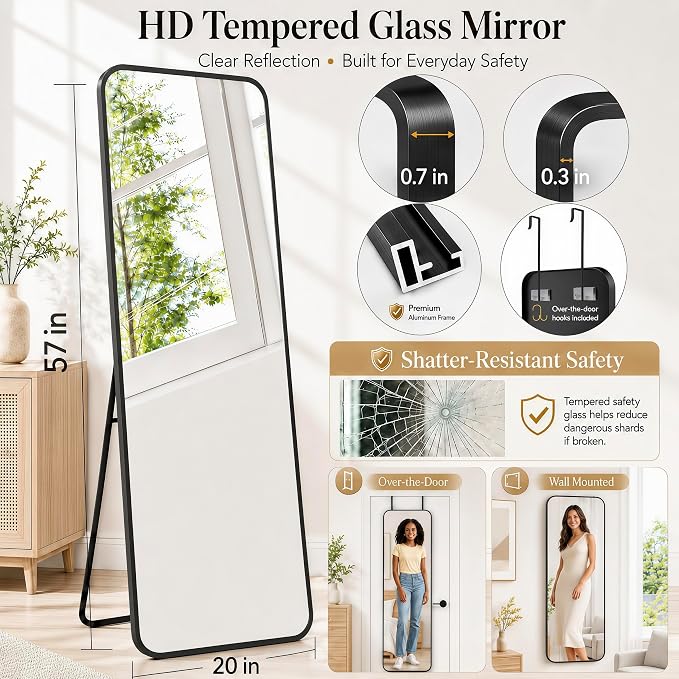 SCWF-GZ 57x20 Full Length Mirror Over The Door Hanging, Floor Stand/Wall Mounted Aluminum Alloy Frame Dressing Mirror for Bedroom Living Room 57 inch Black