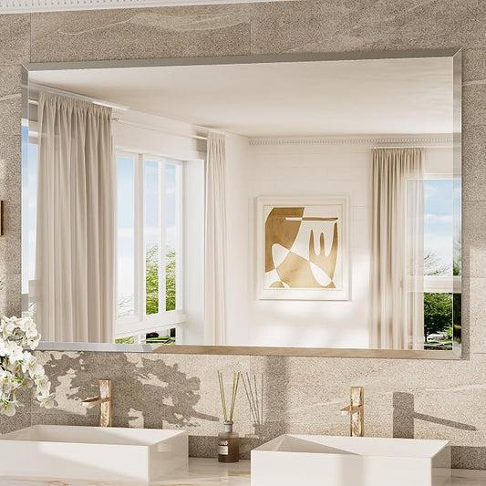 55x36 Rectangle Bathroom Vanity Mirror Beveled, Tempered Frameless Wall Mirror with 1" Beveled Edge, Shatterproof Farmhouse Mirror Wall Mounted for Living Room, Entryway, Restroom