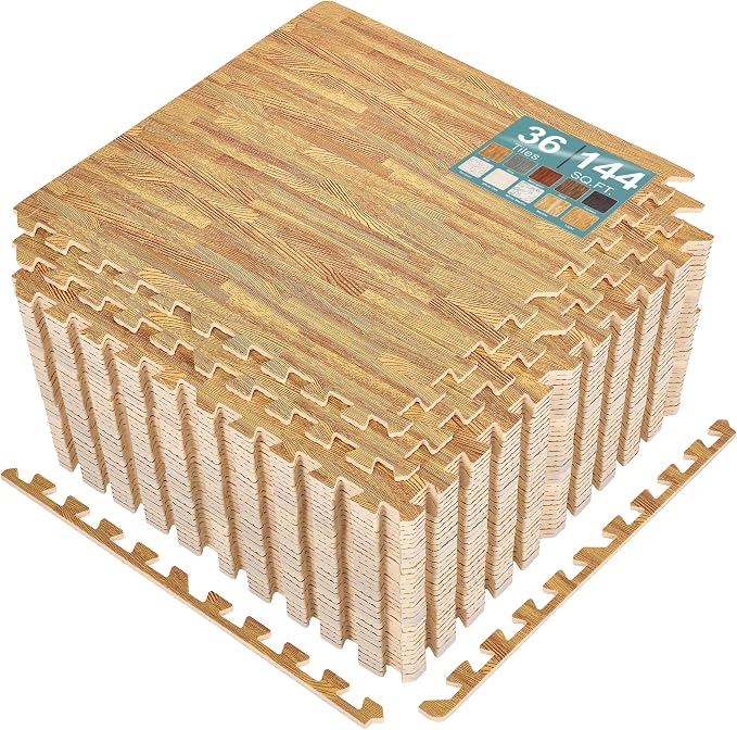 Sorbus Wood Grain Floor Tiles Foam Mat EVA Interlocking Mats Tile 3/8-Inch Thick Flooring Wood Puzzle Exercise Mats w/Borders - Home Playroom Basement, Apartment, Trade Show, Baby, Dance